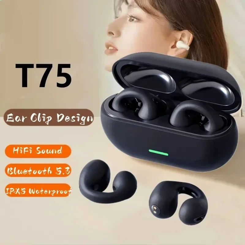 NEW Bluetooth 5.3 Wireless Bone Conduction Headphones T75 Clip Ear