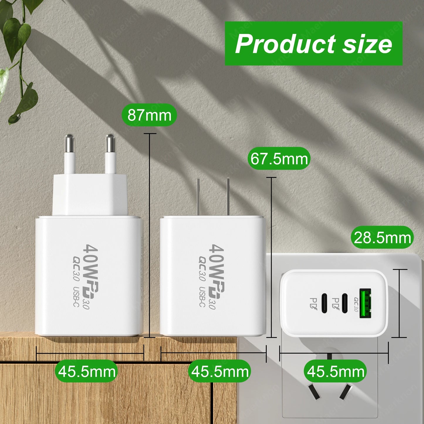 Total 60W USB PD Fast Charger 3 Ports EU/US Plug Wall Charger Adapter