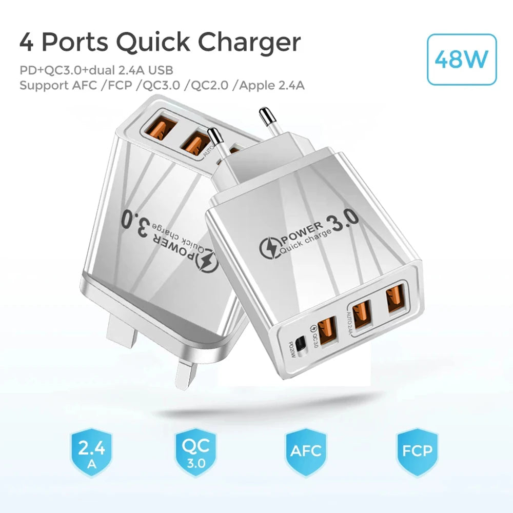 48W USB Charger QC 3.0 Type C PD Fast Charge For iPhone 12 13 Max