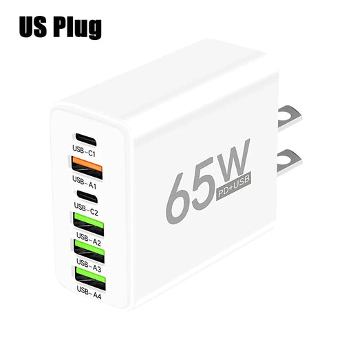 65W Fast Charging USB Type C Charger 6 Port EU US PD 3.0 Quick Charge