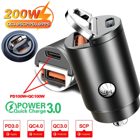 Mini 200W PD QC Pull Ring Fast Charging Car Charger USB C Car Phone