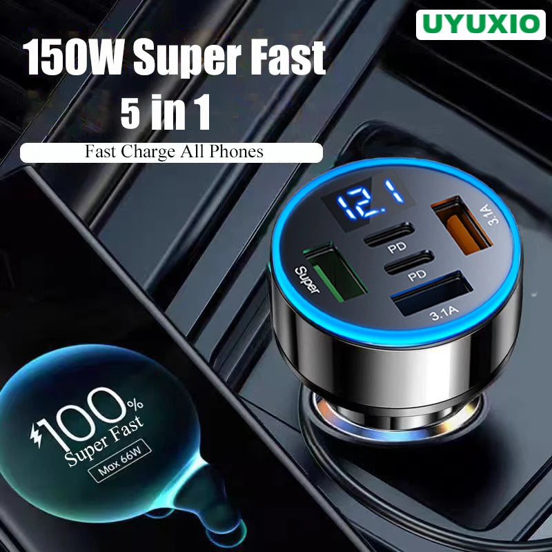 UYUXIO USB C Car Charger Adapter with Voltage Display 2 PD and 3 USB A