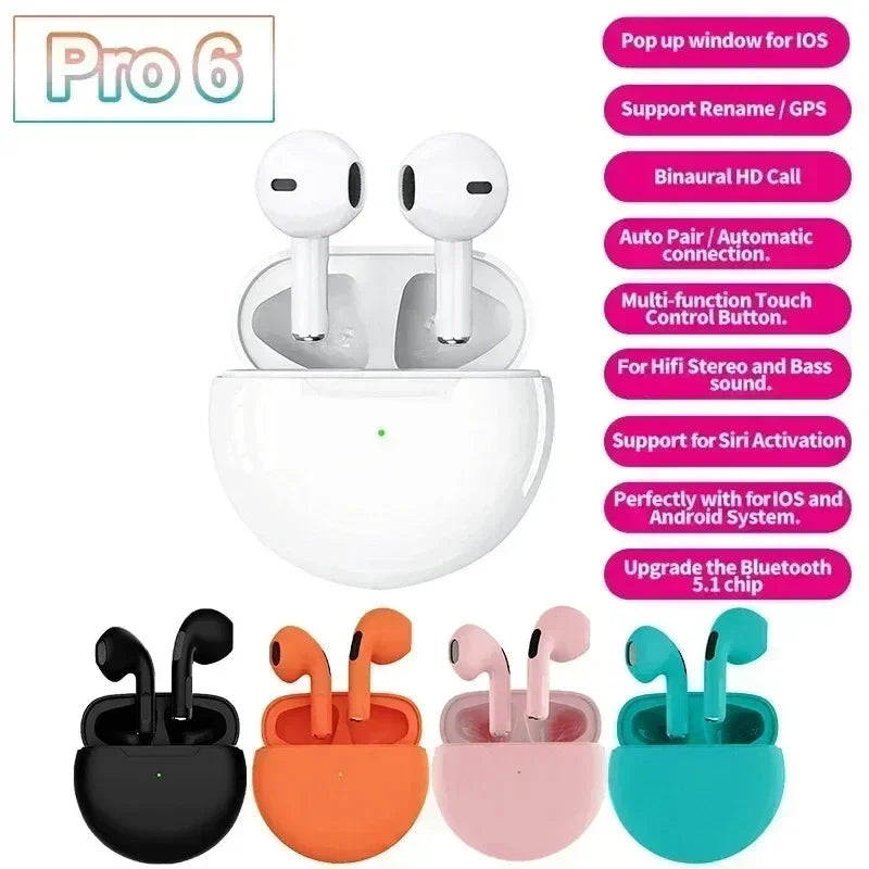 TWS Pro6 Earphone Bluetooth Headphones with Mic 9D Stereo Pro 6