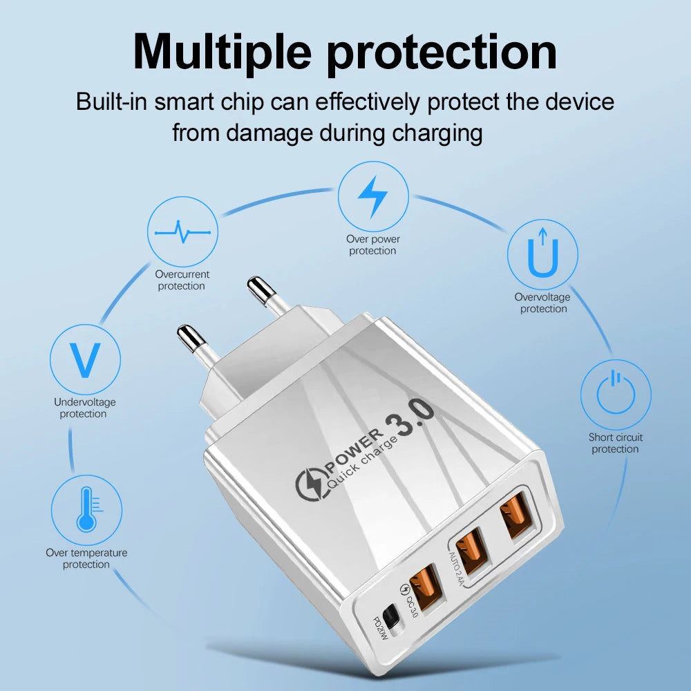 48W USB Charger QC 3.0 Type C PD Fast Charge For iPhone 12 13 Max