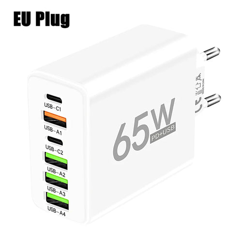 65W Fast Charging USB Type C Charger 6 Port EU US PD 3.0 Quick Charge