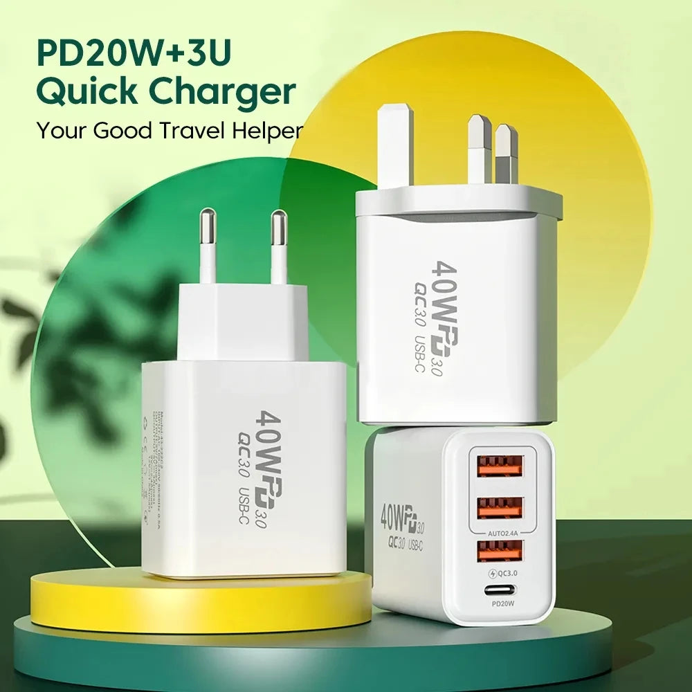 40W 4 Ports USB Type C Charger Quick Charge 3.0 EU Plug Fast Charging