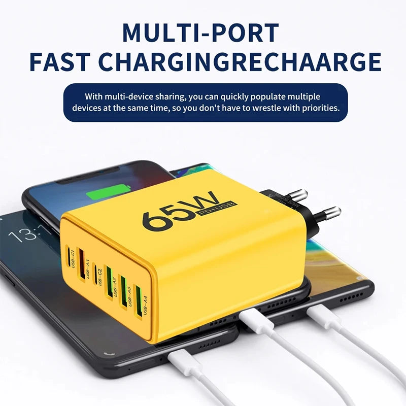 65W Fast Charging USB Type C Charger 6 Port EU US PD 3.0 Quick Charge