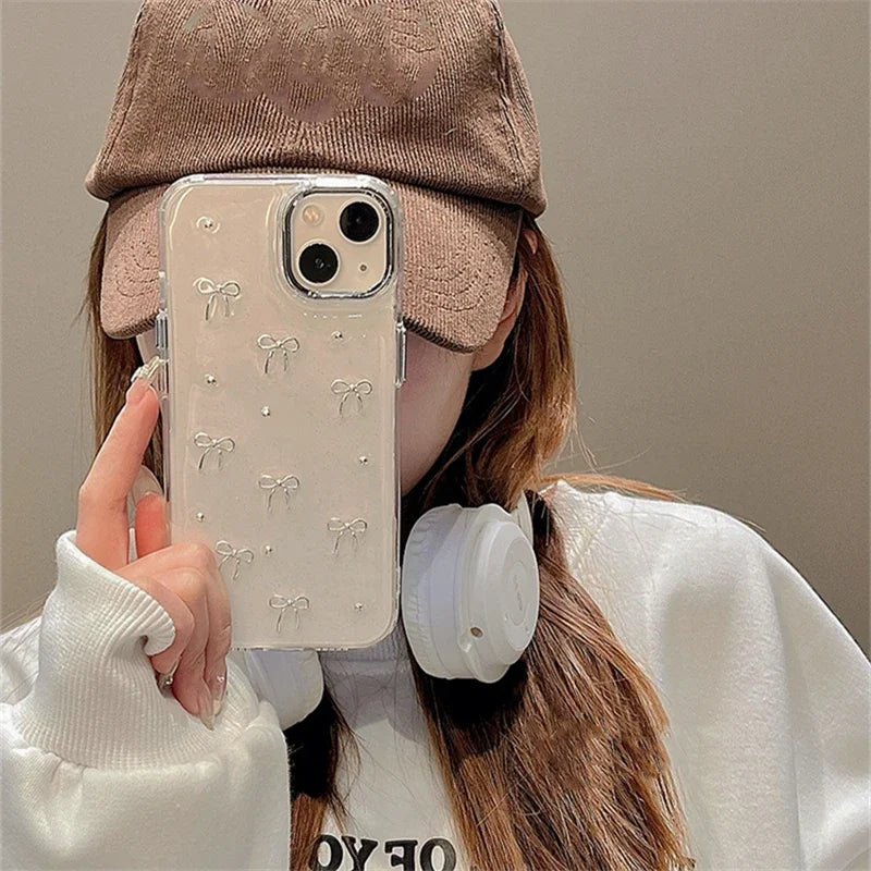 INS Japan Korea Silver Bowknot Phone Case For iPhone 15 16 14 13 12 11