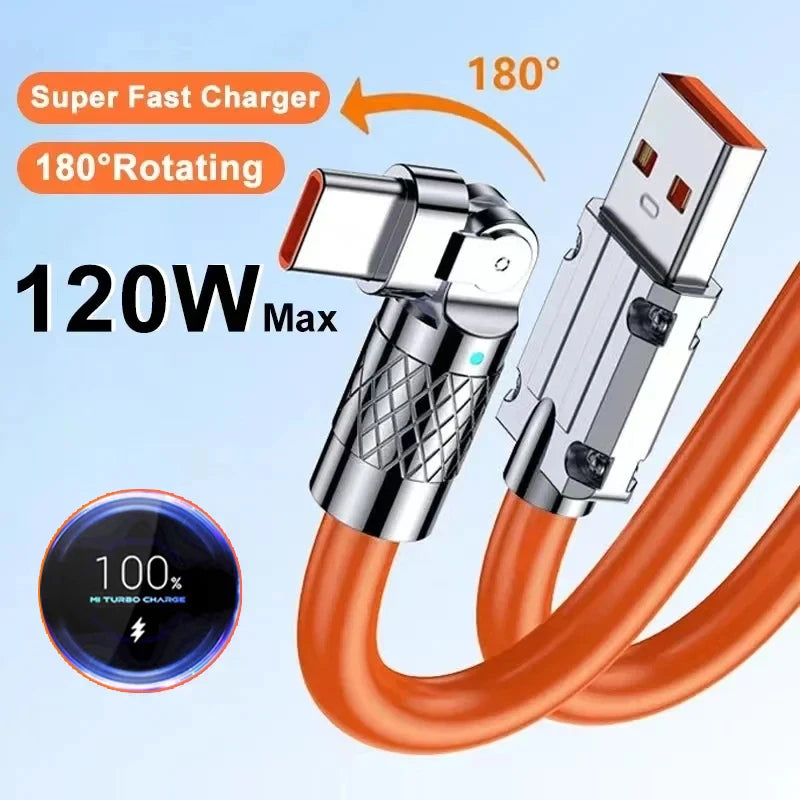 120w 6A Fast Charge Usb Type C Data Cable 180 Degree Rotating Gaming